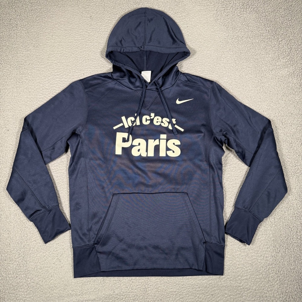 Nike Hoodie Mens Medium Blue Pullover Hoodie Casual Preppy Pockets Logo Paris
